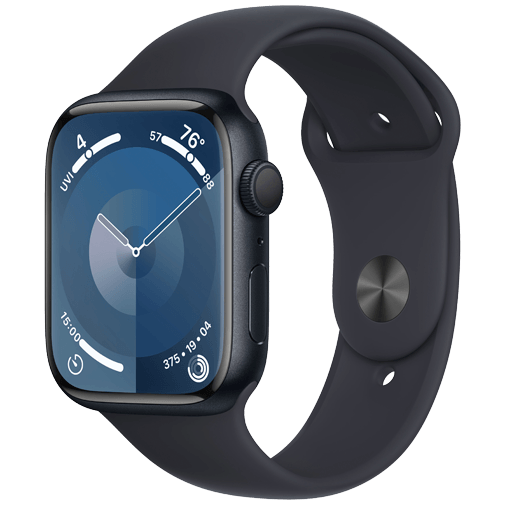 Apple Watch Series 9 45mm Zwart (Zwarte Siliconenband S/M)